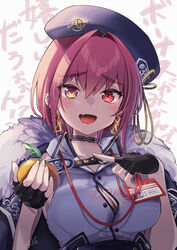  :d absurdres black_gloves blue_coat blue_hat breasts cleavage coat coat_on_shoulders collared_shirt commentary_request earrings female fingerless_gloves fur-trimmed_coat fur_trim gloves hair_between_eyes hair_intakes hat hat_pin heterochromia highres holding_orange hololive houshou_marine houshou_marine_(businesswoman) id_card jewelry lanyard large_breasts looking_at_viewer mile_t0r0 oerba_yun_fang official_alternate_costume partially_unbuttoned red_eyes red_hair shirt short_hair skin_fang sleeveless sleeveless_shirt smile solo straight-on text_background triangle_earrings virtual_youtuber white_background white_shirt yellow_eyes 