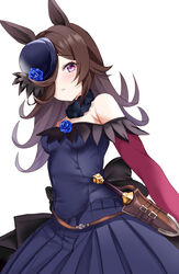  absurdres animal_ears black_bow blue_flower blue_rose bow breasts brown_hair dagger dress dutch_angle female flower from_side hair_over_one_eye hat hat_flower highres horse_ears horse_girl knife long_hair long_sleeves looking_at_viewer off-shoulder_dress off_shoulder purple_eyes rice_shower_(umamusume) rose setu_(shining12) sheath sheathed simple_background small_breasts solo tilted_headwear umamusume weapon white_background 