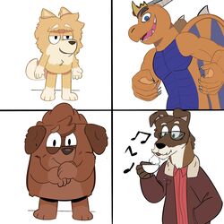  1:1 2023 2_horns anthro beargarbage beverage black_eyewear black_glasses black_nose blowing blue_body blue_eyes blue_scales blue_wings bluey_(series) brown_body brown_clothing brown_ears brown_fur brown_hair brown_jacket brown_nose brown_scales brown_tail brown_topwear brown_wings canid canine canis claws clothing container cup digital_media_(artwork) domestic_dog dragon eyewear fan_character fangs flower fur glasses grey_claws group hair half-closed_eyes hand_in_pocket hands_together hi_res holding_beverage holding_container holding_cup holding_object horn jacket male mammal membrane_(anatomy) membranous_wings multicolored_body multicolored_clothing multicolored_fur multicolored_scales multicolored_topwear musical_note mythological_creature mythological_scalie mythology narrowed_eyes plant pockets red_clothing red_shirt red_topwear scales scalie sharp_teeth shirt smile spiked_wings spikes standing tail tan_body tan_fur tan_tail teeth tongue topwear two_tone_body two_tone_clothing two_tone_fur two_tone_jacket two_tone_scales two_tone_tail two_tone_topwear two_tone_wings white_body white_fur wings 