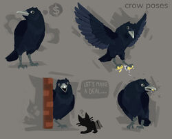  ambiguous_gender avian bird black_body black_feathers black_fur brick claws coin concept_art corvid corvus_(genus) crow crow_(lkbc) dialogue duo english_text feathers feral fur gem hi_res jewelry little_kitty_(lkbc) little_kitty_big_city money necklace official_art oscine passerine pearl_(gem) pearl_necklace solo_focus text xvalociraptor 