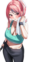  absurdres alternate_costume alternate_hairstyle azur_lane bare_shoulders black_pants blush breasts bremerton_(azur_lane) cleavage female green_sports_bra grey_hair hair_ornament hairclip heart heart_necklace highres holding holding_towel jewelry large_breasts long_hair looking_at_viewer mole mole_under_eye multicolored_hair navel necklace pants parted_lips pink_eyes pink_hair ponytail shocho simple_background solo sports_bra streaked_hair sweat towel white_background yoga_pants 