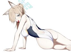  absurdres animal_ear_fluff animal_ears ass bare_arms bare_legs bare_shoulders blonde_hair blue_archive blue_eyes blue_halo blush breasts competition_swimsuit female gunpuu hair_over_one_eye halo highres kanna_(blue_archive) kanna_(swimsuit)_(blue_archive) large_breasts long_hair official_alternate_costume one-piece_swimsuit simple_background solo swimsuit whistle whistle_around_neck white_background white_one-piece_swimsuit 