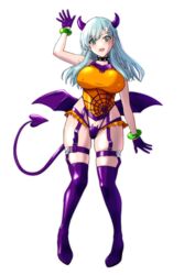  alternate_costume aqua_hair black_choker blush boots breasts choker demon_horns demon_tail demon_wings fake_horns fangs female gloves green_eyes hair_between_eyes halloween_costume highres horns kantai_collection large_breasts long_hair mikan_29344886 open_mouth purple_footwear purple_gloves purple_tail purple_wings simple_background smile solo suzuya_(kancolle) tail thigh_boots white_background wings 