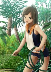  blue_one-piece_swimsuit brown_eyes brown_hair bush commentary_request conservatory enoshito female highres holding holding_hose hose i-401_(kancolle) kantai_collection leaf looking_at_viewer one-piece_swimsuit open_mouth orange_sailor_collar plant sailor_collar shirt sleeveless sleeveless_shirt solo swimsuit swimsuit_under_clothes tree water wet wet_clothes wet_hair 