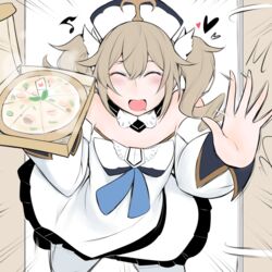  :d ^_^ barbara_(genshin_impact) brown_hair closed_eyes dress female food genshin_impact hat heart looking_at_viewer musical_note pizza short_hair smile solo steam twintails white_dress white_hat yuriwhale 