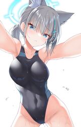  animal_ear_fluff animal_ears black_one-piece_swimsuit blue_archive blue_eyes blue_halo blush breasts bright_pupils collarbone covered_navel cowboy_shot curvy earrings extra_ears eyelashes eyes_visible_through_hair female grey_hair groin hair_between_eyes halo head_tilt highleg highleg_swimsuit highres incoming_hug jewelry looking_at_viewer low_twintails medium_breasts medium_hair mismatched_pupils official_alternate_costume one-piece_swimsuit parted_lips pov shiroko_(blue_archive) shiroko_(swimsuit)_(blue_archive) short_twintails simple_background solo standing stud_earrings swimsuit tatsuya_(trypaint) twintails water_drop wet wet_hair white_background white_pupils wolf_ears 