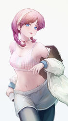  absurdres arknights bare_shoulders blue_eyes blue_pants blue_poison_(arknights) blue_poison_(shoal_beat)_(arknights) blue_shorts breasts choker commentary cowboy_shot crop_top female grey_background hairband highres jacket leggings long_hair midriff navel off_shoulder official_alternate_costume pants pink_choker pink_hair pink_sports_bra renkon_logistics short_shorts shorts simple_background small_breasts solo spaghetti_strap sports_bra standing stomach thighs white_jacket 