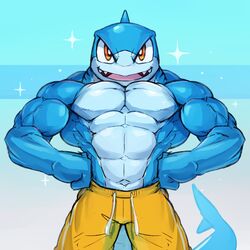  abs absurd_res anthro athletic biceps big_muscles blue_background blue_body clothing countershading deltoids fish forearms hands_on_hips hi_res mackerel_shark mako_(plain_white) mako_shark male marine muscular pecs shark simple_background solo tail waddledox white_body white_countershading white_shark yellow_clothing 