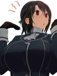  black_gloves black_hair blue_coat blue_hat blush breasts coat commentary_request enoshito female gloves hair_between_eyes hat highres huge_breasts kantai_collection long_sleeves military_uniform parted_lips red_eyes short_hair simple_background solo sweat takao_(kancolle) uniform upper_body white_background 