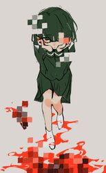  absurdres blood blood_on_knife braid censored closed_mouth clover_knight_(vocaloid) commentary edge_0605 expressionless female from_above glasses green_eyes green_hair green_serafuku green_skirt grey_background hands_on_own_cheeks hands_on_own_face highres implied_murder iyowa_girls knees_together_feet_apart knife limited_palette long_hair looking_at_viewer looking_up low_twin_braids midori-chan_(iyowa) mosaic_censoring no_shoes one_eye_covered pool_of_blood school_uniform serafuku skirt socks solo symbol-only_commentary twin_braids vocaloid white_socks 