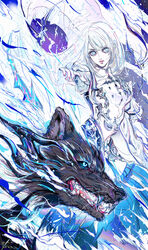  absurdres aura black_sclera colored_sclera fangs female fenrir_(final_fantasy) final_fantasy final_fantasy_xvi glowing glowing_eyes grey_eyes highres jill_warrick long_hair looking_at_viewer official_alternate_costume oju_(ouka) pale_skin shiva_(final_fantasy) standing torgal_(ff16) very_long_hair white_hair wolf 