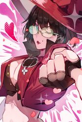  absurdres arere_r black_footwear black_gloves black_hair blue_eyes breasts cleavage commentary_request cropped_jacket cropped_shirt female fingerless_gloves glasses gloves guilty_gear guilty_gear_strive hat heart highres i-no jacket large_breasts mole mole_under_eye one_eye_closed open_clothes open_jacket red_hat solo upper_body witch_hat 