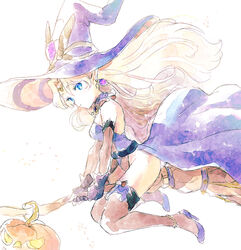  blonde_hair blue_eyes breasts broom broom_riding cleavage dress earrings elbow_gloves esper_(saga_2) female full_body gloves halloween halloween_costume hat high_heels jack-o&#039;-lantern jewelry leotard long_hair looking_at_viewer no_s open_mouth pointy_ears pumpkin saga saga_2 smile solo thighhighs witch witch_hat 