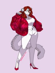  2023 3:4 anthro artist_name blep bottomwear breasts button_(fastener) clawed_fingers claws clothed clothing colored dated digital_drawing_(artwork) digital_media_(artwork) ear_piercing ear_ring facial_markings facial_tuft felid female fluffy footwear fur fur_markings goddamnitrobin green_eyes grey_body grey_fur hair hair_over_eye head_markings hi_res high_heels jacket jewelry kalae_lumiste leopard_spots lidded_eyes looking_at_viewer mammal markings midriff necklace one_eye_obstructed pantherine pants piercing red_clothing red_hair ring_piercing shirt simple_background smile snow_leopard solo spots tail tongue tongue_out topwear tuft tufted_ears tufted_fur white_body white_clothing white_fur 