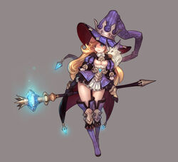  absurdres animal_on_shoulder black_capelet black_gloves blonde_hair blue_eyes bodice boots bracer capelet commentary_request concept_art crown_hat elbow_gloves female fox full_body gloves glowing_gem grey_background hat highres holding holding_scepter large_hat light_particles looking_to_the_side magic mixed-language_commentary olivia_(yh) original parted_lips puffy_short_sleeves puffy_sleeves purple_hat purple_witch_hat scepter short_sleeves simple_background smile solo standing thigh_boots white_fur witch 