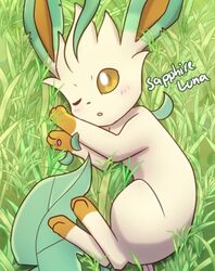  2023 ambiguous_gender blush blush_lines brown_body brown_ears brown_fur eeveelution feral fur generation_4_pokemon grass leaf leaf_ears leaf_tail leafeon looking_at_viewer lying lying_on_ground multicolored_body multicolored_fur nintendo on_ground on_side one_eye_closed open_mouth pawpads paws pink_pawpads plant pokemon pokemon_(species) sapphireluna signature solo tail yellow_body yellow_fur 