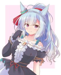  alternate_hairstyle animal_ears asymmetrical_sleeves bare_shoulders black_dress black_gloves blue_hair blush border braid breasts center_frills closed_mouth commentary_request crown_braid dress ear_ornament female frilled_dress frills gloves highres horse_ears horse_girl large_breasts light_blue_hair long_hair long_sleeves looking_at_viewer mejiro_ardan_(umamusume) pink_background ponytail purple_eyes shizuna_kaede short_sleeves simple_background smile solo umamusume upper_body white_border 