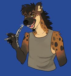  2023 anthro half_body hi_res holding_blade holding_knife holding_object hyena knife male mammal smile solo spotted_hyena videonastyz 