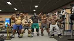  3d_(artwork) abs ankle_tuft anthro armpit_hair barbell bear beard bench black_body black_fur black_hair blonde_hair blue_bottomwear blue_clothing blue_shorts body_hair bottomwear bovid bovine braford brown_bear brown_body brown_fur cattle ceiling_lamp chester_(extracurricular_activities) clothed clothing deltoids digital_media_(artwork) dumbbell equid equine exercise_equipment facial_hair facial_piercing flexing flexing_bicep flexing_biceps flexing_both_biceps footwear forearm_muscles fred_(braford) fur gloves_(marking) goatee green_bottomwear green_clothing green_shorts grey_body grey_bottomwear grey_clothing grey_fur grey_hair grey_shorts grey_sweatpants group gym gym_mat hair hands_on_hips horn horse house_of_beef inside lamp leg_tuft male mammal markings multicolored_body multicolored_fur musclegut muscular muscular_anthro muscular_male muscular_thighs navel nipples nose_piercing nose_ring pants pecs piercing ring_piercing ron_(braford) septum_piercing septum_ring shoes shorts sign sneakers spots spotted_body spotted_fur sweatpants tan_body tan_fur todd_(braford) topless triceps tuft two_tone_body two_tone_fur ursine vending_machine vent weights wristband zato 