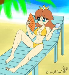  1girls 2021 beach big_eyes bikini blue_eyes breasts brown_hair cleavage crown drink fan female female_only full_body heat laying_down legs lying mario_(series) nintendo nipple_bulge on_back outdoors princess princess_daisy solo supermoonshroom sweat swimsuit two_piece_swimsuit video_games watermark wine_glass yellow_bikini 