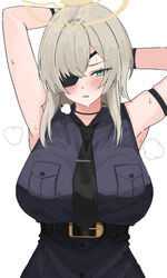  belt black_belt black_necktie black_shirt blue_archive blush breast_pocket breasts buttons collared_shirt eyepatch female green_eyes halo highres large_breasts light_brown_hair looking_at_viewer medium_hair necktie open_mouth pocket shirt simple_background sleeveless sleeveless_shirt solo suou_(blue_archive) tsumayouji_(tumayog) upper_body white_background yellow_halo 