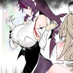  2girls ^^^ anger_vein barbara_(genshin_impact) breasts brown_hair food genshin_impact huge_breasts long_hair looking_at_another multicolored_hair multiple_girls pizza pizza_slice purple_hair red_hair rosaria_(genshin_impact) streaked_hair yuriwhale 