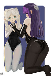  2girls absurdres blue_eyes blush closed_mouth elbow_gloves elf feet fern_(sousou_no_frieren) forehead frieren gloves hair_ornament highres holding_hands long_hair looking_at_viewer lyib multiple_girls pantyhose playboy_bunny pointy_ears purple_eyes purple_hair self-upload shiny_pantyhose sousou_no_frieren thighs twintails white_hair white_pantyhose 