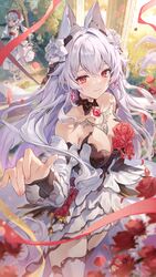  2girls absurdres bare_shoulders black_collar breasts character_request cleavage collar detached_sleeves dress flower hair_between_eyes hair_ornament highres honkai_(series) honkai_impact_3rd jewelry large_breasts long_hair multiple_girls official_art red_eyes rose second-party_source smile solo theresa_apocalypse theresa_apocalypse_(luna_kindred) theresa_apocalypse_(lunar_vow:_crimson_love) theresa_apocalypse_(till_death_do_us_part)_(honkai_impact) very_long_hair wedding_dress white_dress white_flower white_hair white_rose white_sleeves yeonwa 