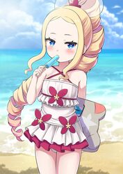  alternate_costume arm_behind_back beach beatrice_(re:zero) blue_eyes blue_sky blush bodyboard character_print commentary_request day drill_hair drill_ponytail ean female food food_in_mouth frilled_one-piece_swimsuit frills holding holding_behind_back holding_food holding_popsicle holding_surfboard long_hair looking_at_viewer ocean one-piece_swimsuit outdoors pink_pupils popsicle popsicle_in_mouth puck_(re:zero) re:zero_kara_hajimeru_isekai_seikatsu s_(hdru2332) sky solo standing surfboard swimsuit symbol-shaped_pupils water 