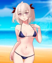  absurdres ahomushi994 beach bikini black_bikini blue_background breasts female girls&#039;_frontline hair_ornament hair_ribbon highres medium_breasts navel ocean original p50_(girls&#039;_frontline) pink_eyes pink_hair ribbon short_hair swimsuit twintails 