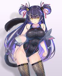  absurdres animal_ear_fluff animal_ears bare_shoulders black_one-piece_swimsuit black_thighhighs breasts cat_ears cat_girl cat_tail commentary_request competition_swimsuit contrapposto covered_navel cowboy_shot female fishnet_thighhighs fishnets goggles goggles_around_neck groin hair_ribbon highres holding holding_stuffed_toy impossible_clothes indie_virtual_youtuber kiyama_satoshi kuroike_momimi large_breasts long_hair looking_at_viewer oerba_yun_fang one-piece_swimsuit open_mouth purple_hair purple_nails ribbon skindentation solo stuffed_animal stuffed_fish stuffed_toy swimsuit tail thighhighs two_side_up virtual_youtuber yellow_eyes 