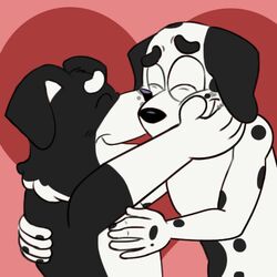  1:1 2023 anthro beargarbage black_body black_ears black_eyes black_fur black_nose black_spots bluey_(series) border_collie canid canine canis closed_eyes collie dalmatian digital_media_(artwork) domestic_dog duo face_to_face frank_(bluey) fur hand_on_back hand_on_chest hand_on_face happy herding_dog kissing_cheek mackenzie&#039;s_dad_(bluey) male male/male mammal markings multicolored_body multicolored_fur pastoral_dog sheepdog smile spots spotted_body spotted_fur standing two_tone_body two_tone_fur white_body white_fur 