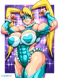  abs artist_name biceps blonde_hair blue_eyes blue_leotard breasts cleavage clothing_cutout female flexing frills hair_pulled_back heart highres j.raido large_breasts leotard long_hair looking_at_viewer mask muscular muscular_female pixel_art rainbow_mika shoulder_cutout smile solo sparkle street_fighter thick_thighs thighs twintails 