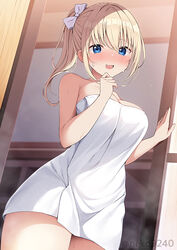  bare_shoulders bath bathing blonde_hair blue_eyes blush breasts cowboy_shot female indoors large_breasts long_hair looking_at_viewer naked_towel nekokobushi open_mouth original ponytail smile solo steam towel wavy_mouth white_towel 