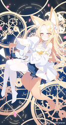  animal_ears apple_caramel blonde_hair blue_archive blush detached_sleeves dress female fox_ears fox_tail halo highres looking_at_viewer multiple_views open_mouth puffy_detached_sleeves puffy_sleeves seia_(blue_archive) tail white_dress yellow_eyes yellow_halo 