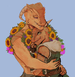  2022 4_fingers anthro brother_(lore) brother_and_sister_(lore) claws clothed_female clothing coat dnd_homebrew dolk duo feathers female finger_claws fingers flower fur green_eyes hi_res horn hug kasejia knife_on_arm kobold male parka plant purple_eyes rezzic scales scalie shirtless_male sibling_(lore) sister_(lore) smile standing sunflower tabard topwear yellow_body yellow_scales 