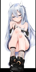  absurdres bare_shoulders black_border black_footwear blue_eyes border casual collarbone female full_body grey_hair hair_between_eyes hair_ornament hairclip highres i-203_(kancolle) kantai_collection long_hair looking_at_viewer mok4suke official_alternate_costume simple_background solo white_background 