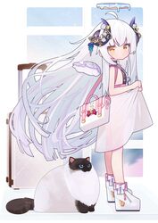  bag brown_eyes closed_mouth cp2980606 demon_horns dress feline female halo highres horns lolicon long_hair original shoulder_bag solo very_long_hair white_dress white_footwear white_hair 