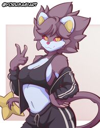  2023 5_fingers anthro artist_name black_clothing breasts cleavage clothed clothing female fingers generation_4_pokemon gesture hand_gesture looking_at_viewer luxray medium_breasts midriff nintendo pokemon pokemon_(species) red_nose red_sclera simple_background smile smiling_at_viewer solo tail tracksuit v_sign yellow_eyes yorusagi 