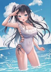  arm_up black_hair blue_eyes blue_sky breasts cleavage cloud covered_navel cumulonimbus_cloud day female gyozanuko highres large_breasts long_hair looking_at_viewer ocean one-piece_swimsuit open_mouth original outdoors salute sky smile solo standing swimsuit wading water water_drop white_one-piece_swimsuit 