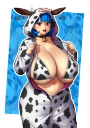  :d absurdres animal_ears animal_print bell bikini bikini_under_clothes blue_hair breasts collar cow_ears cow_girl cow_hood cow_horns cow_print cow_print_bikini cowbell drawstring_pull erkaz fake_animal_ears fake_horns female highres horns huge_breasts multiple_views navel neck_bell onesie open_mouth original print_bikini red_eyes rina_atherina short_hair smile swimsuit 