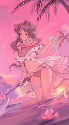  absurdres ahoge animal_ears arknights bikini brown_hair commentary eyjafjalla_(arknights) eyjafjalla_(summer_flower)_(arknights) female flower highres holding holding_staff horns long_hair looking_at_viewer midriff navel nianbingzi off-shoulder_bikini off_shoulder official_alternate_costume palm_tree pink_bikini pink_eyes pink_flower pink_sky pink_theme sheep_ears sheep_girl sheep_horns shirt sky solo staff sunset swimsuit swimsuit_cover-up thigh_strap tree wading 