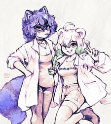  2girls animal_ears bestfriendforever blue_eyes blue_nails braid breasts choker clothes_writing coat commentary domino_mask english_commentary ferret ferret_ears ferret_girl ferret_tail green_eyes green_hair green_nails hair_between_eyes hand_in_pocket highres indie_virtual_youtuber laimu_(vtuber) long_hair looking_at_viewer mask multicolored_hair multiple_girls original raccoon raccoon_ears raccoon_girl raccoon_tail short_hair signature smile snuffy_(vtuber) tail thighhighs v vinesauce virtual_youtuber white_background white_coat white_hair 