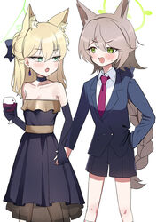  2girls absurdres alcohol alternate_costume animal_ear_fluff animal_ears black_choker black_dress black_gloves black_shorts blonde_hair blue_archive blush braid breasts choker collarbone collared_shirt cup dress drinking_glass earrings elbow_gloves extra_ears fox_ears gloves green_eyes green_halo hair_between_eyes halo highres holding holding_cup jewelry kurumi_(blue_archive) light_brown_hair long_hair long_sleeves mochini multiple_girls necktie oerba_yun_fang open_mouth otogi_(blue_archive) red_necktie shirt shorts simple_background single_braid skin_fang small_breasts white_background white_shirt wine wine_glass 