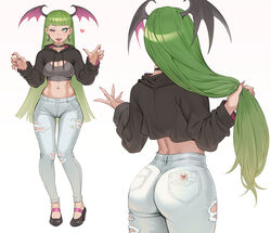  alternate_costume ass bat_wings black_choker blunt_bangs blunt_ends breasts cheshirrr choker claw_pose cleavage commentary cowboy_shot earrings english_commentary eyeshadow fangs female fingernails from_behind full_body green_eyes green_hair grey_eyeshadow head_wings heart_o-ring heart_ring_choker highres holding holding_own_hair hood hood_down hoop_earrings jewelry long_fingernails long_hair long_sleeves looking_at_viewer makeup medium_breasts midriff mixed-language_commentary morrigan_aensland multiple_views nail_polish navel navel_piercing one_eye_closed open_mouth pants piercing pink_nails shrug_(clothing) simple_background smile torn_clothes torn_pants vampire_(game) very_long_hair white_background white_pants wings 