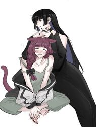  2girls =_= animal_ears bandaid bandaid_on_arm barefoot black_bow black_choker black_dress black_hair black_nails blue_hair blush bocchi_the_rock! bow braid cat_ears cat_girl cat_tail chin_piercing chinese_commentary choker collarbone colored_inner_hair commentary_request deerwhisky dress ear_bar ear_piercing feet green_dress green_eyes grin hairbow hands_on_feet highres hime_cut hiroi_kikuri indian_style jacket jewelry juliet_sleeves kemonomimi_mode long_hair long_sleeves looking_at_viewer multicolored_hair multiple_girls nail_polish open_clothes open_jacket pa-san parted_lips partial_commentary piercing puffy_sleeves purple_hair ring sharp_teeth simple_background single_braid sitting smile spaghetti_strap strap_slip tail teeth toenail_polish toenails toes two-tone_hair white_background white_jacket yuri 