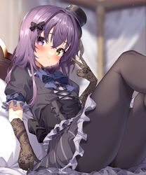  absurdres black_dress black_headwear black_thighhighs blue_bow bow bowtie brown_eyes dress female frills gloves hair_between_eyes heterochromia highres jun_(aousa0328) long_hair original pantyhose purple_eyes purple_hair short_sleeves solo thighhighs 