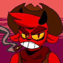  1:1 angry anthro black_horn black_nose brown_clothing brown_eyebrows brown_hat brown_headwear brown_kerchief brown_neckerchief brown_topwear brown_vest bust_portrait cel_shading cigar clothing cowboy_hat demon digital_media_(artwork) eyebrows fur gremile_&#039;hotshot&#039; hat head_tuft headgear headwear horn imp kerchief kings_of_hell leather leather_clothing male neckerchief pixel_(artwork) portrait red_body red_eyes red_fur shaded short_horn simple_background small_horn smoking smoking_cigar smoothiarts solo spandex thick_eyebrows tight_clothing topwear tuft vest yellow_sclera 