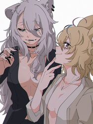  2girls animal_ear_fluff animal_ears black_choker black_nails blonde_hair blue_hair breasts choker chromatic_aberration cleavage commentary_request ear_piercing fangs fingernails grey_eyes grey_hair highres hololive jacket lion_ears long_fingernails long_hair looking_at_viewer medium_breasts multicolored_hair multiple_girls nackle_seijin no_shirt omaru_polka open_clothes open_jacket open_mouth piercing pink_hair purple_eyes shishiro_botan simple_background smile streaked_hair upper_body virtual_youtuber white_background yakihokke_m 