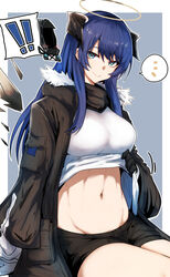  ! !! abs arknights black_gloves black_jacket black_shorts blue_eyes blue_hair breasts closed_mouth clothes_lift cowboy_shot demon_horns detached_wings doctor_(arknights) fallen_angel female fur-trimmed_jacket fur_trim gin_moku gloves groin hair_between_eyes halo highres horns jacket lifting_own_clothes long_hair long_sleeves looking_at_viewer medium_breasts midriff mostima_(arknights) navel notice_lines open_clothes open_jacket shirt shirt_lift short_shorts shorts simple_background sitting smile solo_focus spoken_character spoken_exclamation_mark spoken_notice_lines stomach white_shirt wings 